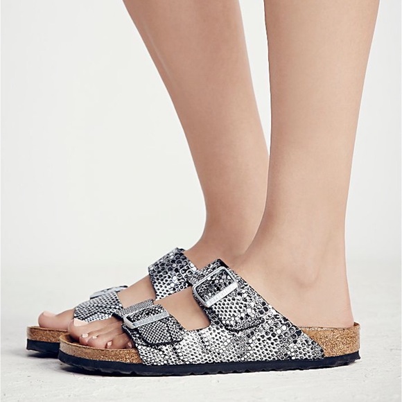 Birkenstock Shoes - Birkenstock Unisex Python Silver Leather Sandals